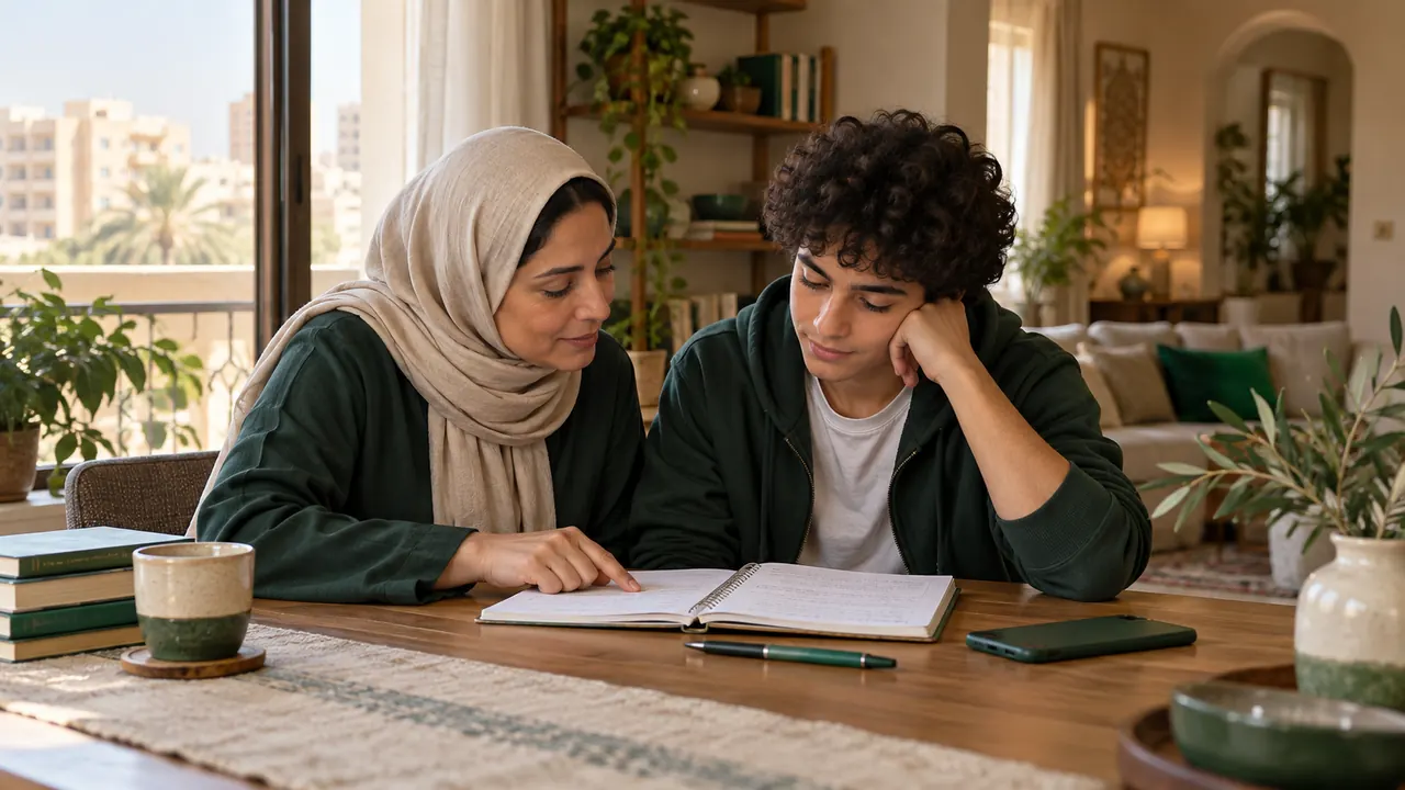 أم مصرية بتراجع كراسة مذاكرة مع ابنها في البيت