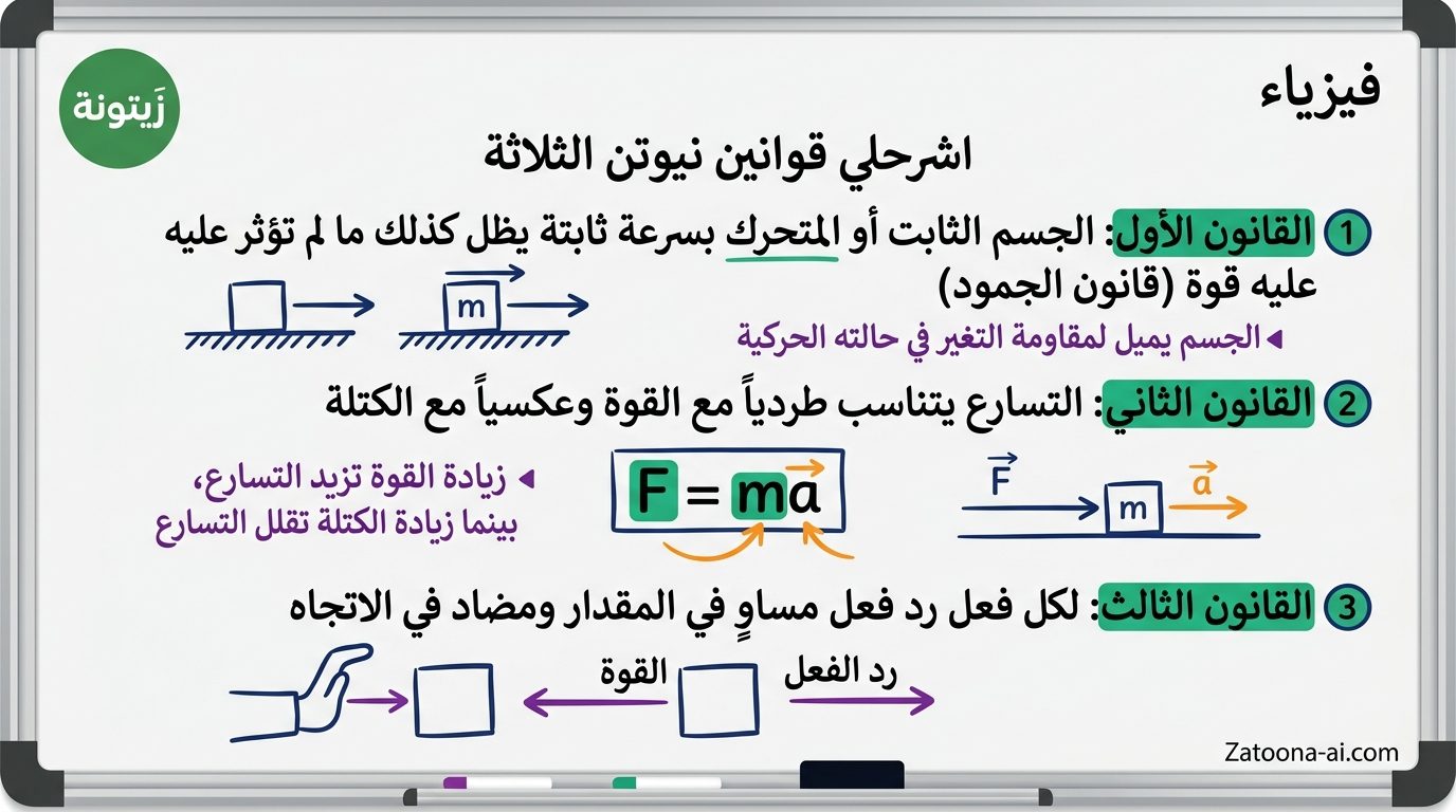 AI-generated visual study board for Egyptian Thanaweya Amma: اشرحلي قوانين نيوتن الثلاثة